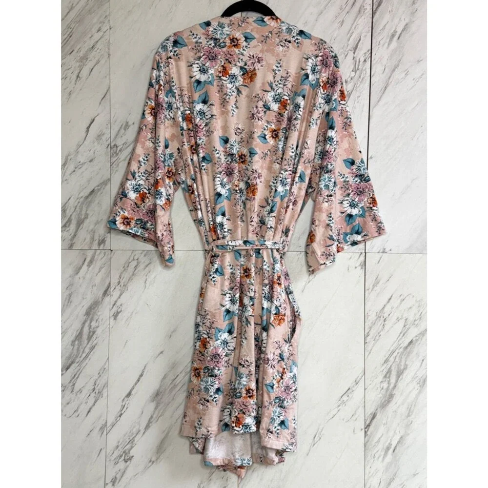 Vera Bradley Pink Floral Cotton Stretch Wrap Tie Lounge Robe Size L XL